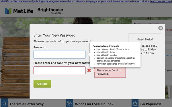 MetLife dumb password rule screenshot